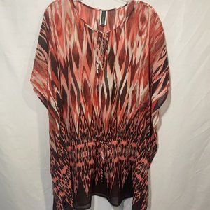 Kenneth Cole Reaction Top Kimono Sleeves Drawstring Waist Pink Red Brown Sheer